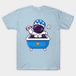 Cute Astronaut playing Rocket Toy In Bath Tub Cartoon T-Shirt